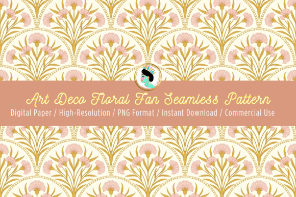 Art Deco Floral Fan Seamless Pattern PNG