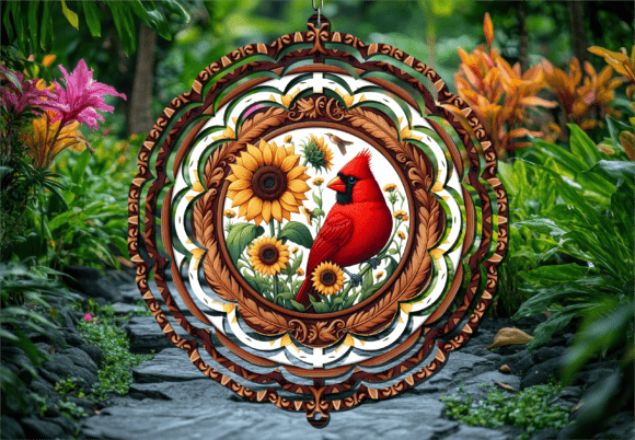 Cardinal Bird Sunflower Wind Spinner PNG: A Vibrant Addition to Your Outdoor Decor