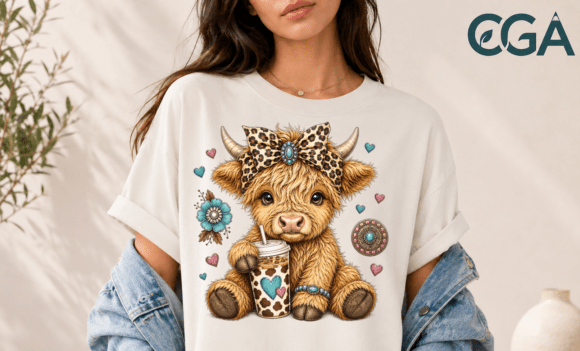 Charming Highland Cow Iced Coffee Western Bow PNG: A Rustic Digital Design for Modern Creatives