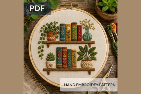 Cozy Bookshelf Hand Embroidery Pattern: A Perfect Blend of Books, Plants, and Cottagecore Charm