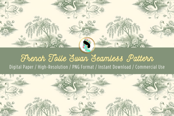 Elegant French Toile Swan Seamless Pattern PNG