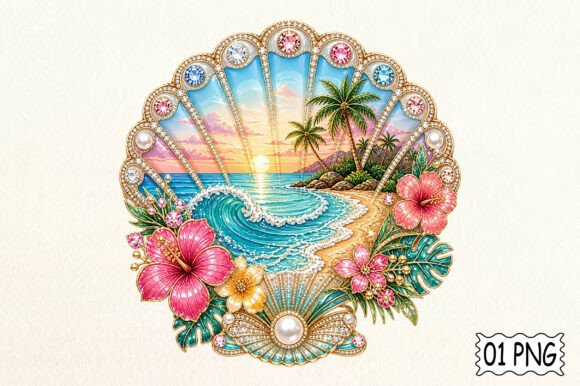 Faux Rhinestone Seashell PNG: Sparkle Meets Tropical Design