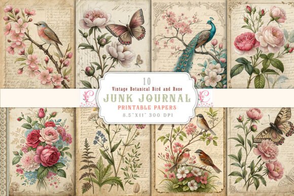 Vintage Botanical Bird and Rose Junk Jou: A Digital Creative Resource for Modern Crafting and Journaling