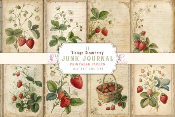 Vintage Strawberry Junk Journal Pages